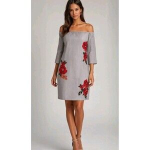 Ellie & Kate Mini Dress Size M Blue Floral Embroidery Rayon Off The Shoulders